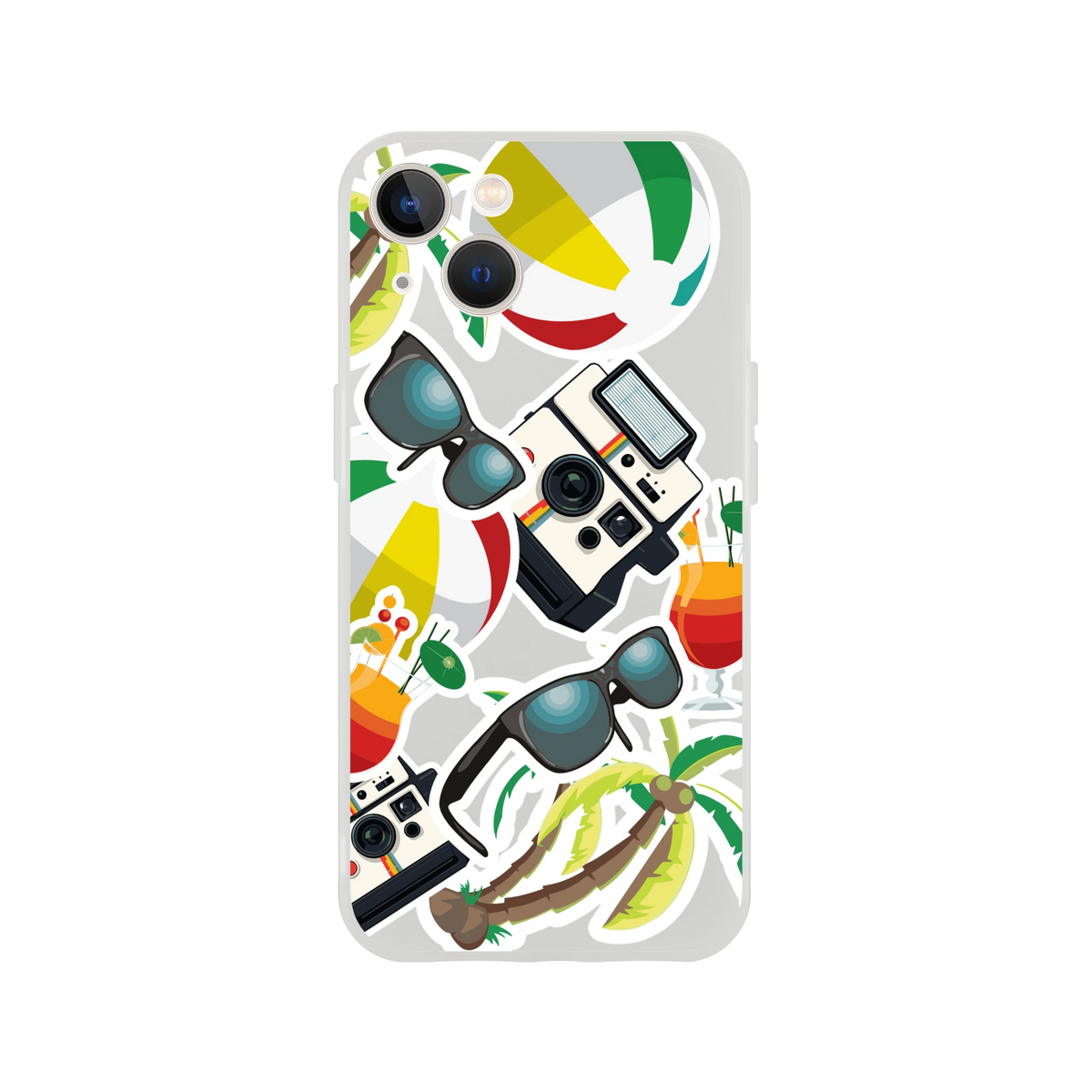 Transparent iPhone case featuring a summer holiday sticker design with palm trees, sunglasses, beach balls, cocktails, and a vintage camera.