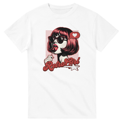 Retro Pop Art Girl graphic tee featuring a sunglasses-wearing woman with a lollipop and "Retro Girl" text in bold red and black.