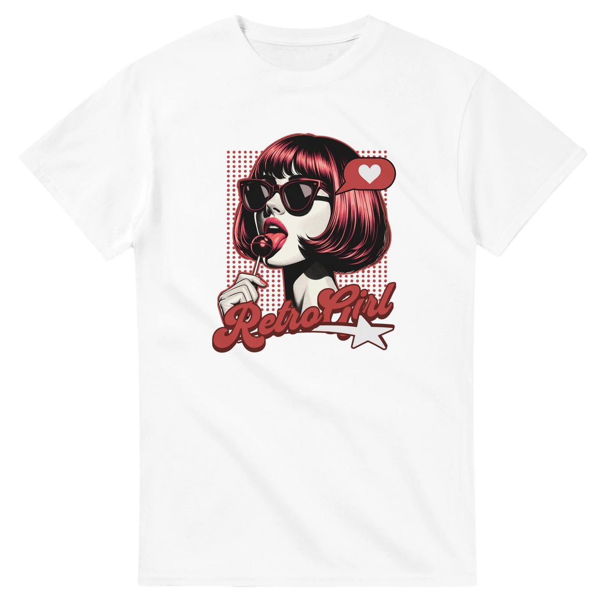 Retro Pop Art Girl graphic tee featuring a sunglasses-wearing woman with a lollipop and "Retro Girl" text in bold red and black.