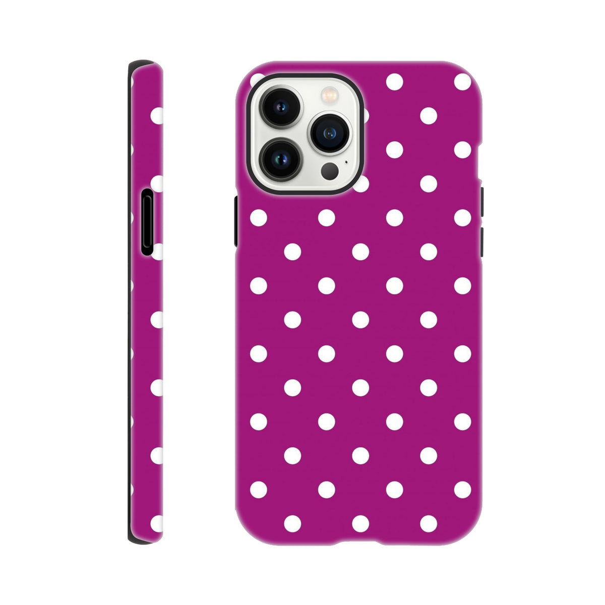 Purple and white polka dot tough iPhone case offering shock-absorbing protection for iPhone 13-16 models. Cute dual-layer phone cover.