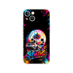 Static Slammed iPhone case featuring a silver lowered car, colorful Urban Palm Trees sunset graphic, and vibrant paint splatters on a black background.