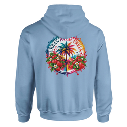 Blue hoodie featuring a retro back print of a colorful palm tree surrounded by strawberries and flowers with Urban Palm Trees text.