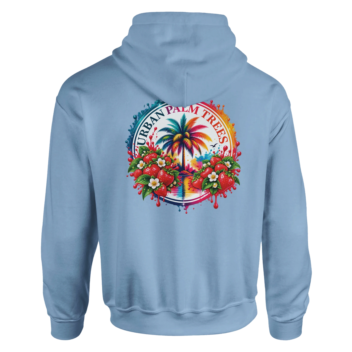 Blue hoodie featuring a retro back print of a colorful palm tree surrounded by strawberries and flowers with Urban Palm Trees text.