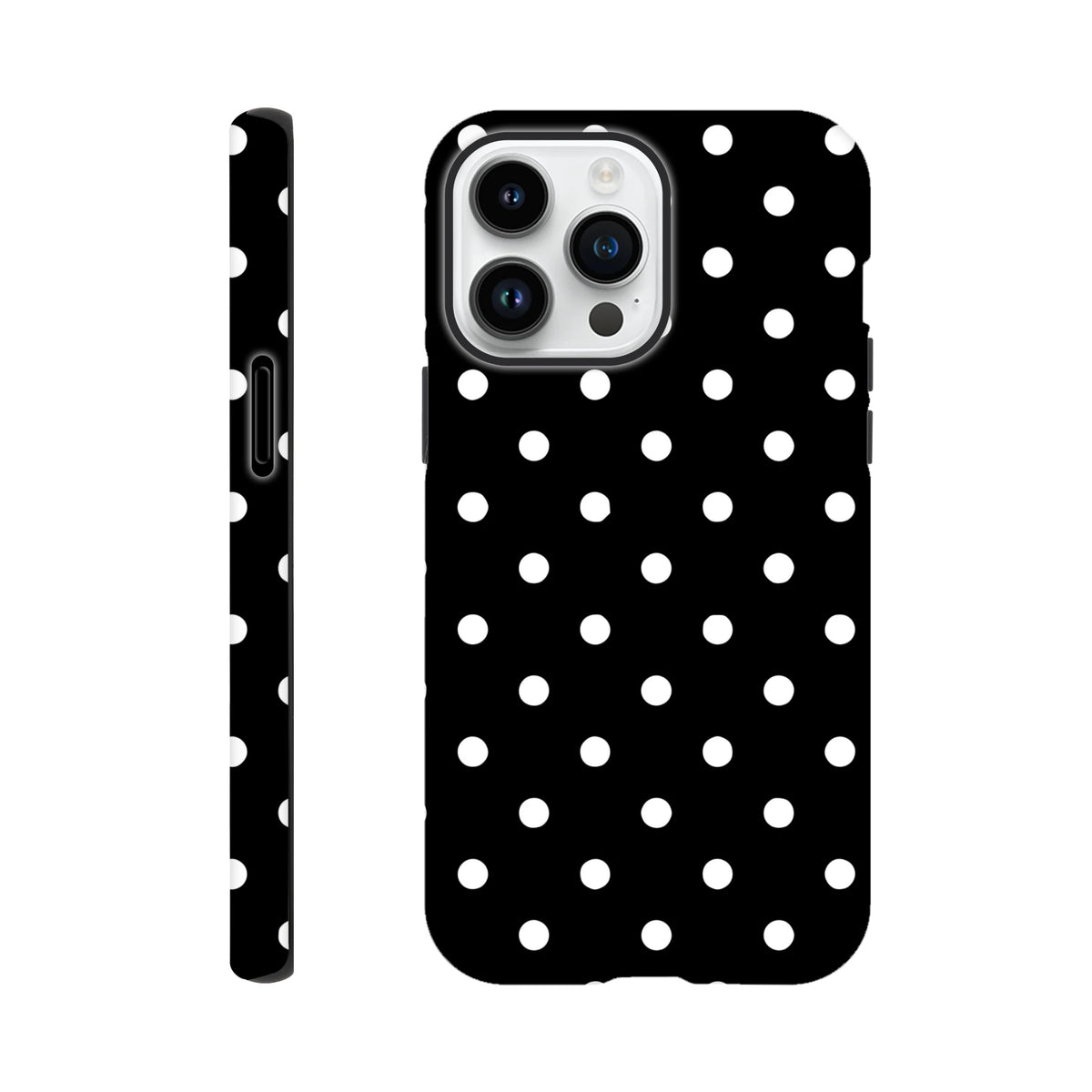 Black and white polka dot tough iPhone case with vintage aesthetic and durable impact resistance for models 13-16.