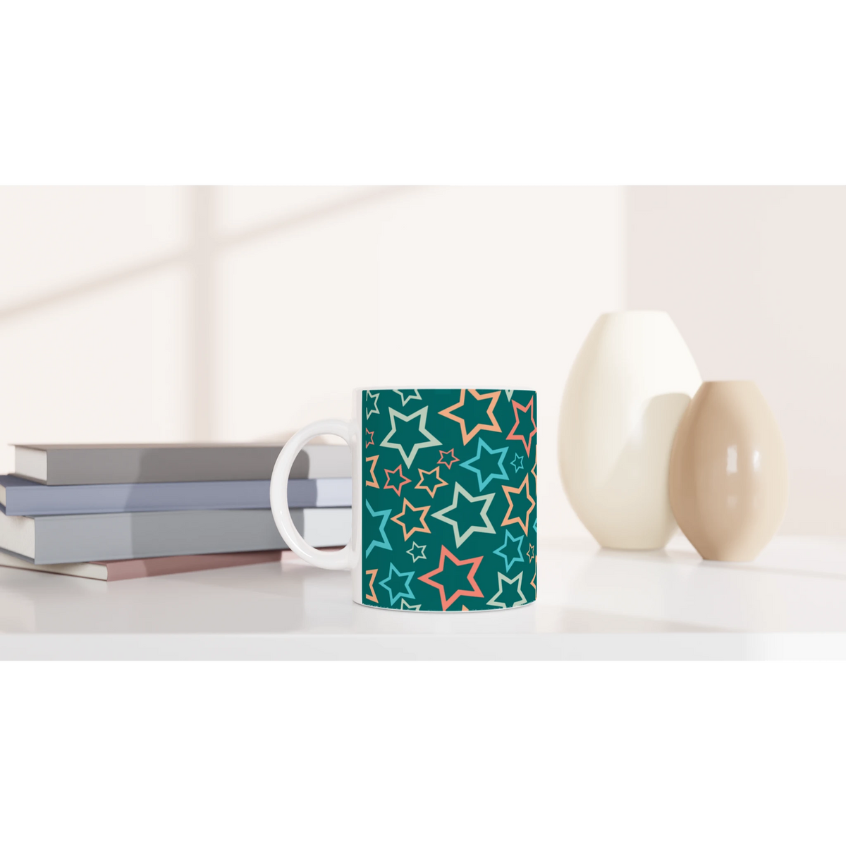 Retro Multicolour Star Mug Y2K aesthetic ceramic coffee cup with star pattern on a shelf