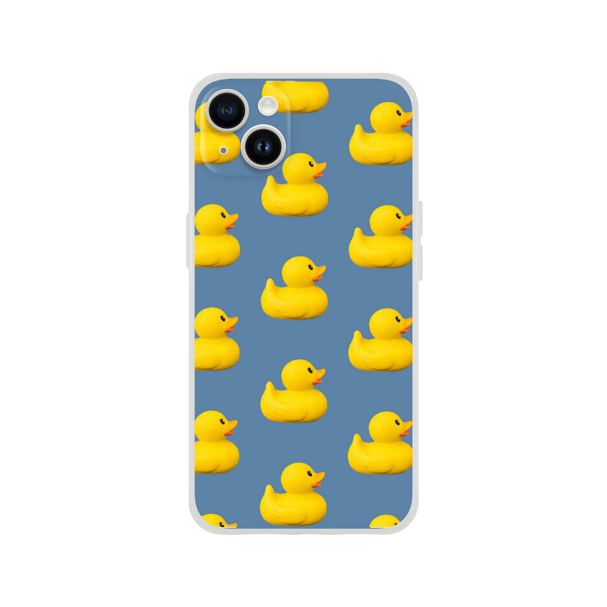Blue aesthetic rubber duck iPhone case for 13-16 with a repeating yellow duck pattern on a matte blue background.