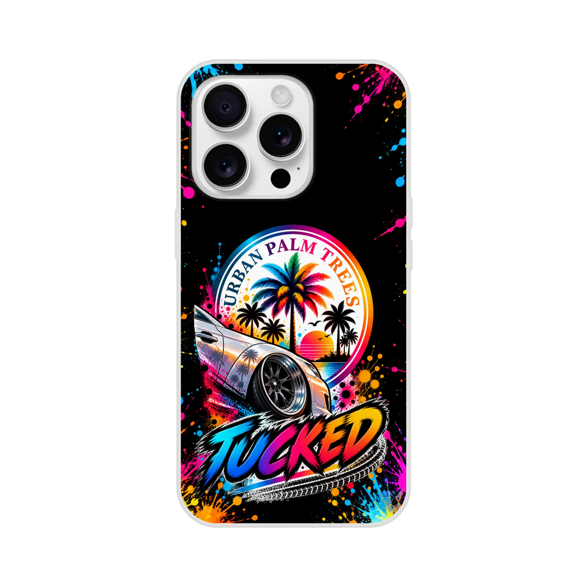 Tucked stance iPhone case featuring a lowered car, colorful Urban Palm Trees sunset graphic, and vibrant paint splatter art on a black background.
