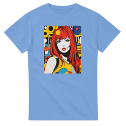 Light blue men's t-shirt featuring a vibrant red-headed girl in retro 70s pop art style with colorful geometric background.