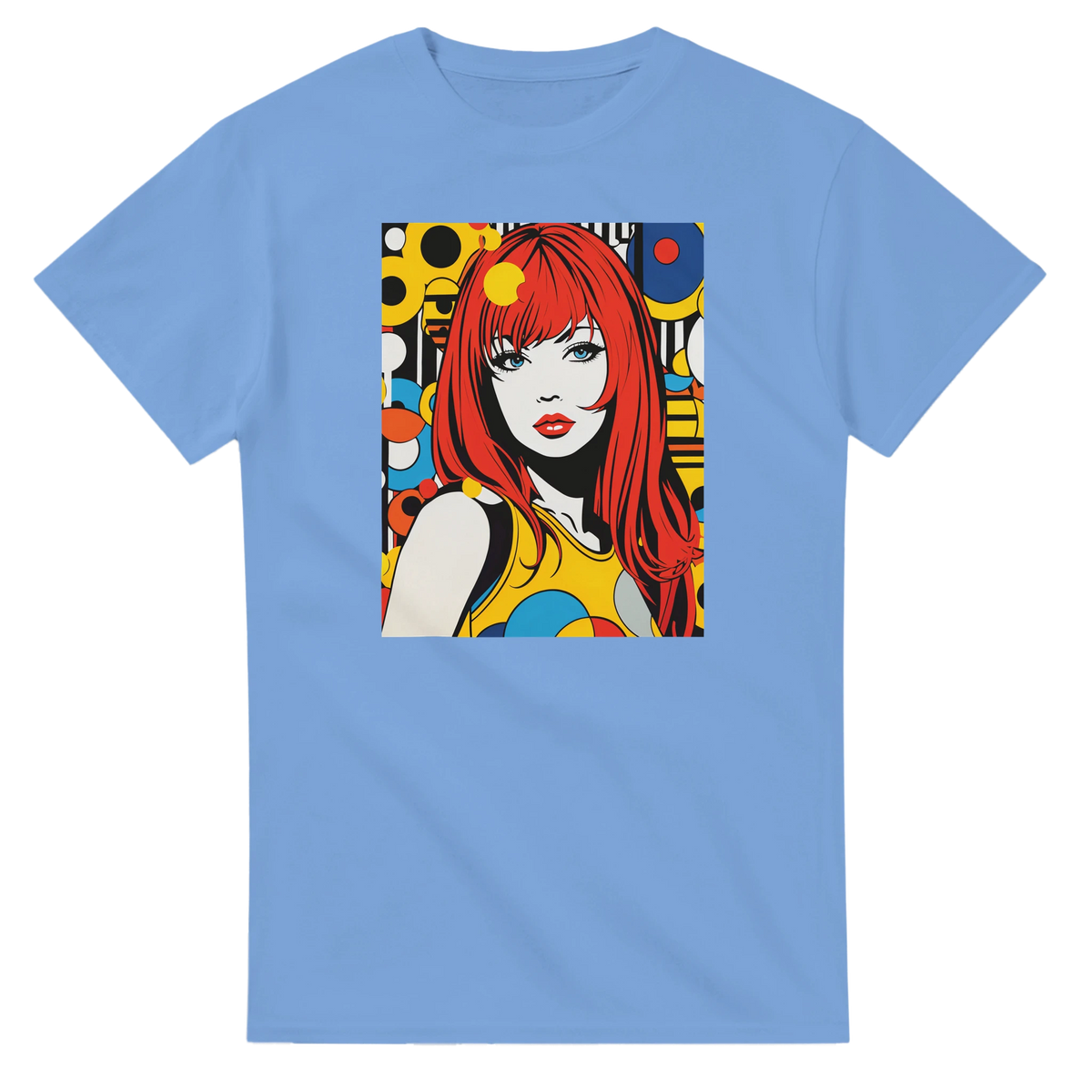 Light blue men's t-shirt featuring a vibrant red-headed girl in retro 70s pop art style with colorful geometric background.