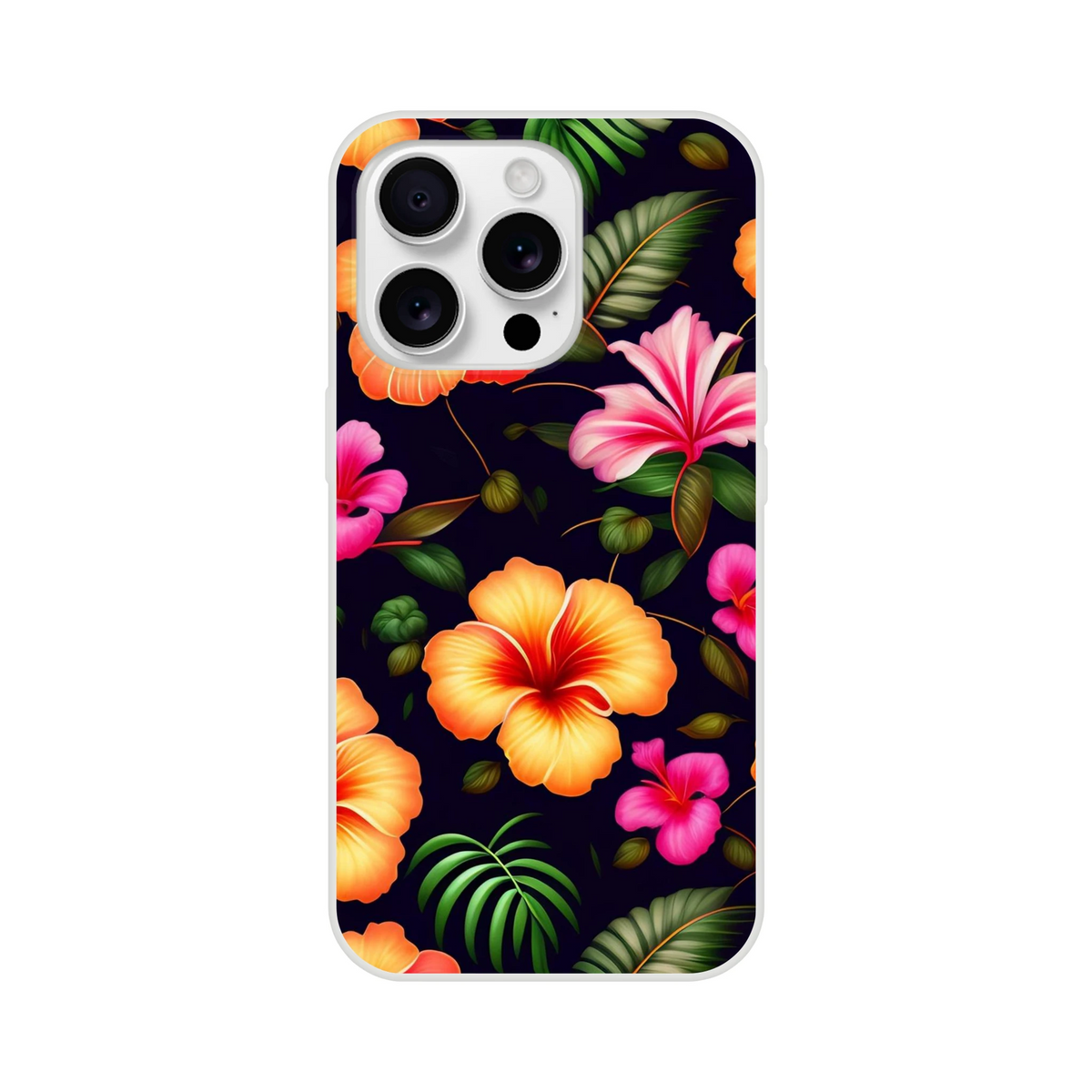 Tropical hibiscus botanical iPhone case for 13-16 with navy background, orange/pink flowers and green leaves.