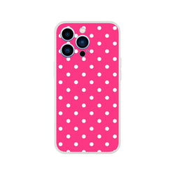 Hot pink retro phone case with white polka dots, featuring a slim matte TPU shell and precise camera cutout for iPhone 13-16 models.