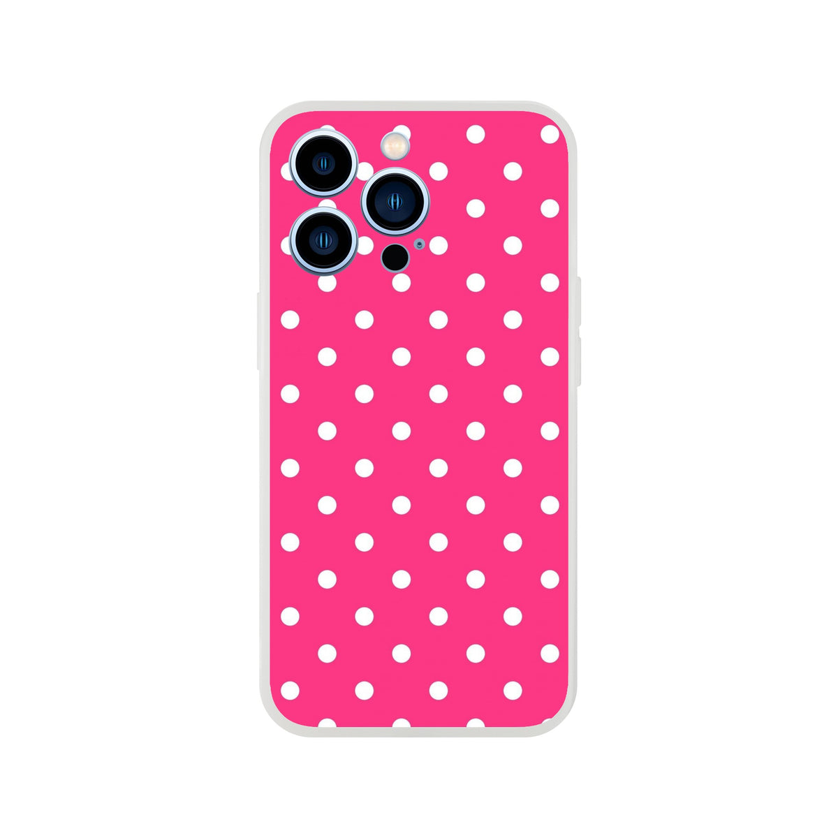 Hot pink retro phone case with white polka dots, featuring a slim matte TPU shell and precise camera cutout for iPhone 13-16 models.