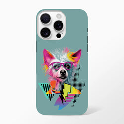 Retro Pop Art dog iPhone case featuring a colorful dog in pink glasses with lightning bolts and geometric shapes on a teal background.