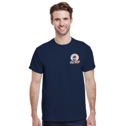 Man wearing navy blue graphic tee with retro "Full Send" palm tree design for modified car culture and petrolhead style.