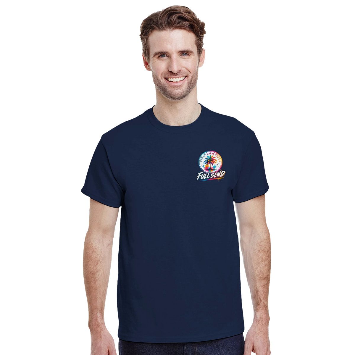 Man wearing navy blue graphic tee with retro "Full Send" palm tree design for modified car culture and petrolhead style.