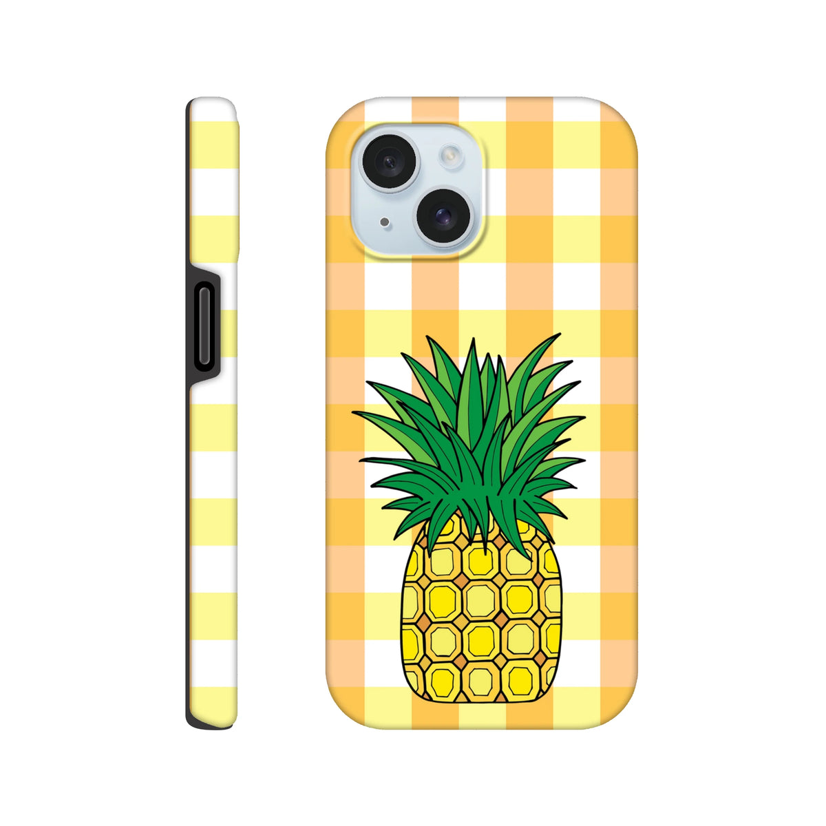 Yellow gingham iPhone case featuring a tropical pineapple illustration for drop protection and stylish street aesthetic.