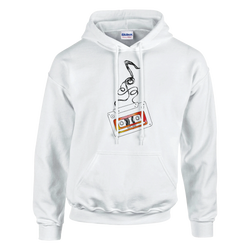 White pullover hoodie featuring a retro cassette tape graphic with unspooling tape and 90s Hits label. Vintage music graphic sweatshirt.
