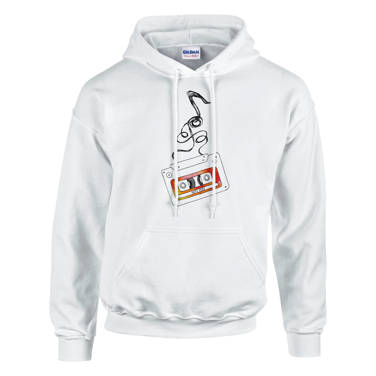 White pullover hoodie featuring a retro cassette tape graphic with unspooling tape and 90s Hits label. Vintage music graphic sweatshirt.