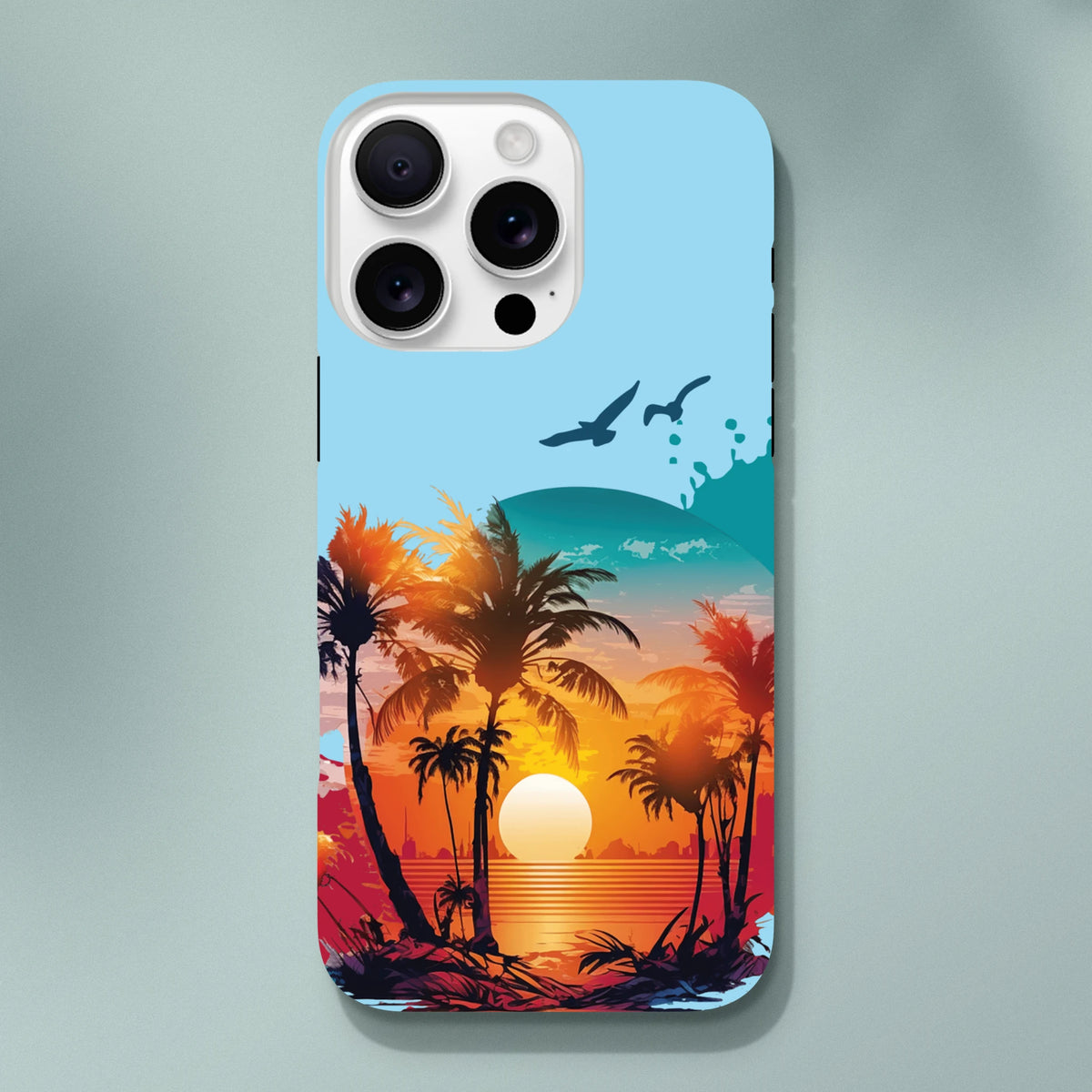 Tropical sunset iPhone case featuring palm tree silhouettes, ocean waves, and flying birds against a vibrant gradient sky.