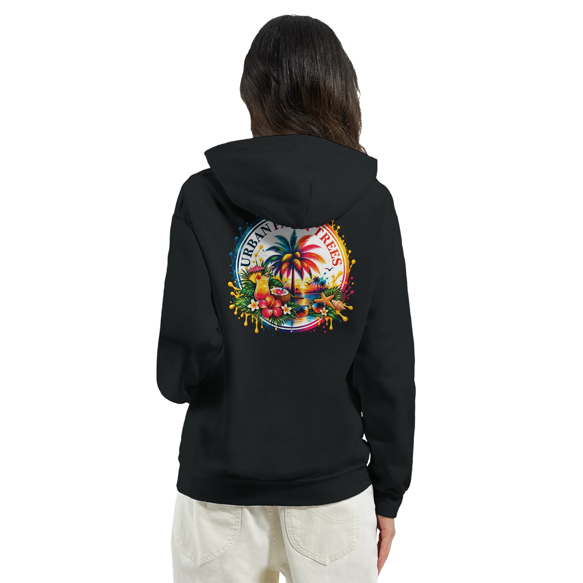 Black hoodie featuring a colorful retro tropical back print with palm trees, cocktails, and hibiscus flowers for a laid-back festive vibe.