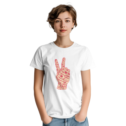 White t-shirt featuring a retro pink typography peace sign graphic with words like love, hope, and unity.