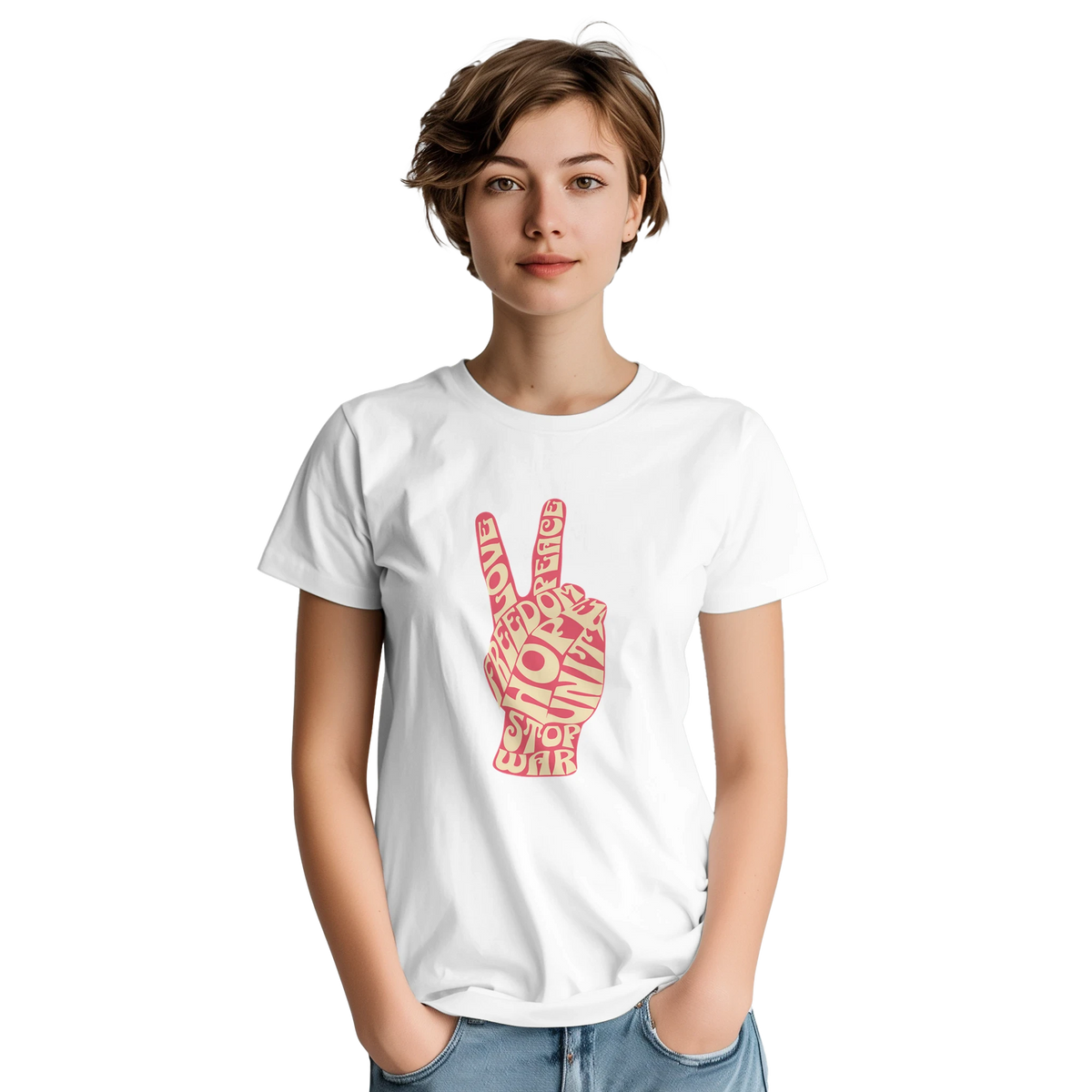 White t-shirt featuring a retro pink typography peace sign graphic with words like love, hope, and unity.