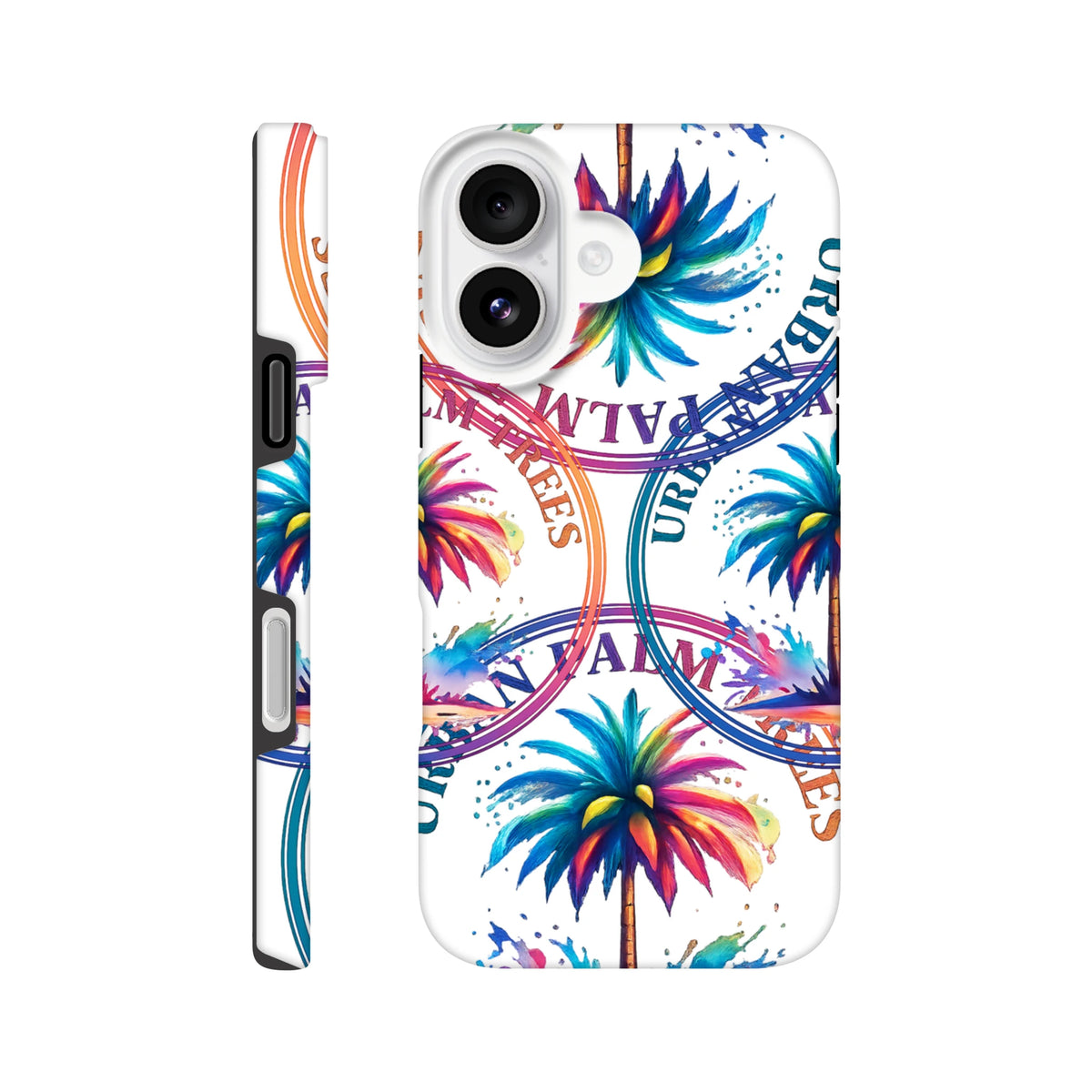 Tough iPhone case featuring vibrant colorful palm trees and Urban Palm text wraparound print for tropical streetwear style.