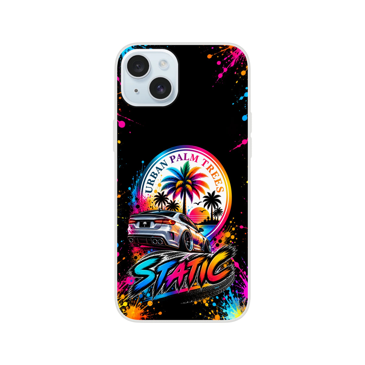 Static Slammed car culture iPhone case with neon palm trees, lowered sedan graphic, and colorful paint splatter art on black.