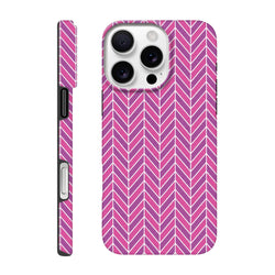 Pink herringbone geometric iPhone tough case with shock-absorbing TPU and reinforced dual-layer frame for impact resistance.