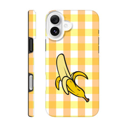 Cute yellow gingham iPhone case featuring a peeled banana graphic, offering tough protection with a retro checkered street vibe.