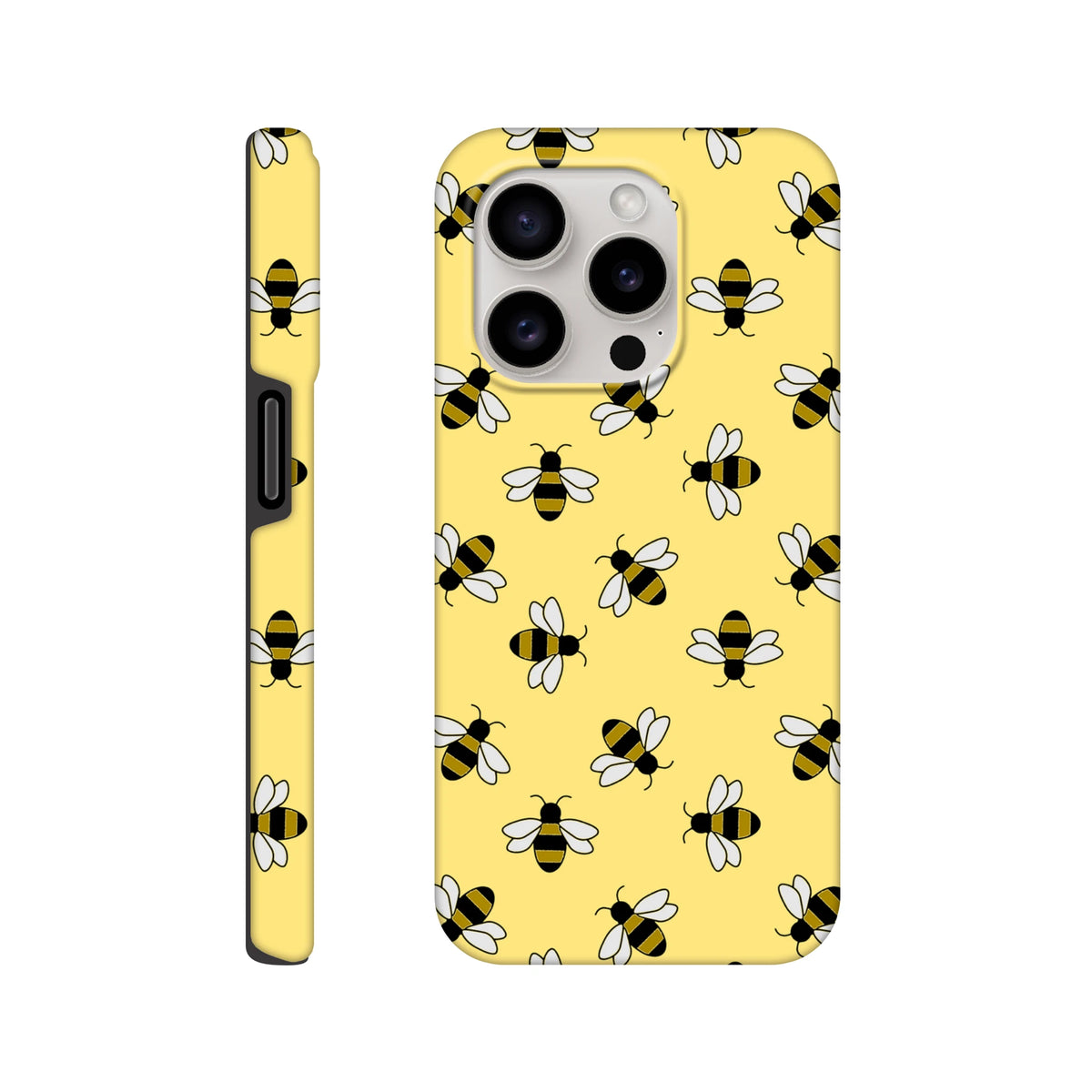 Yellow iPhone case with cute black and white bumble bee pattern on light yellow background. Tough protective cover for iPhone 13-16.