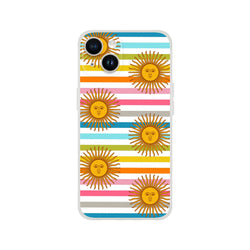 Retro Rainbow Sun iPhone Case (13-16) with boho striped background and sun motifs, matte finish.