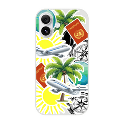 Transparent iPhone case featuring travel sticker design with palm trees, airplanes, passports, and compasses.
