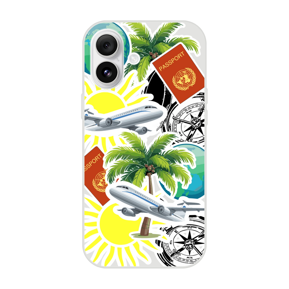 Transparent iPhone case featuring travel sticker design with palm trees, airplanes, passports, and compasses.