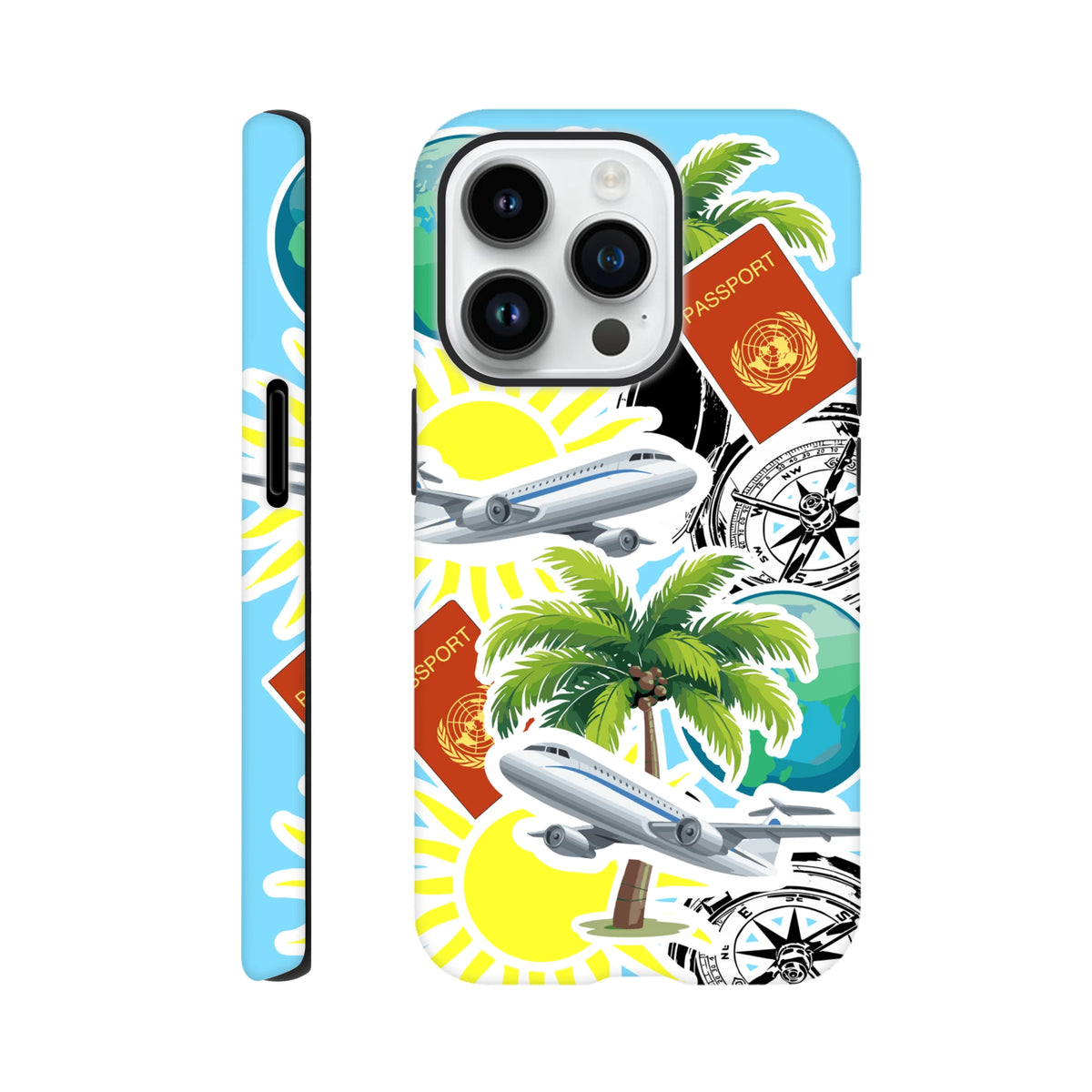 Travel sticker tough iPhone case featuring palm trees, airplanes, passports, and compass designs for island vibes.
