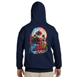 Navy hoodie back with colorful Redline graphic featuring palm trees, speedometer, and checkered flag for petrolhead and modified car culture.