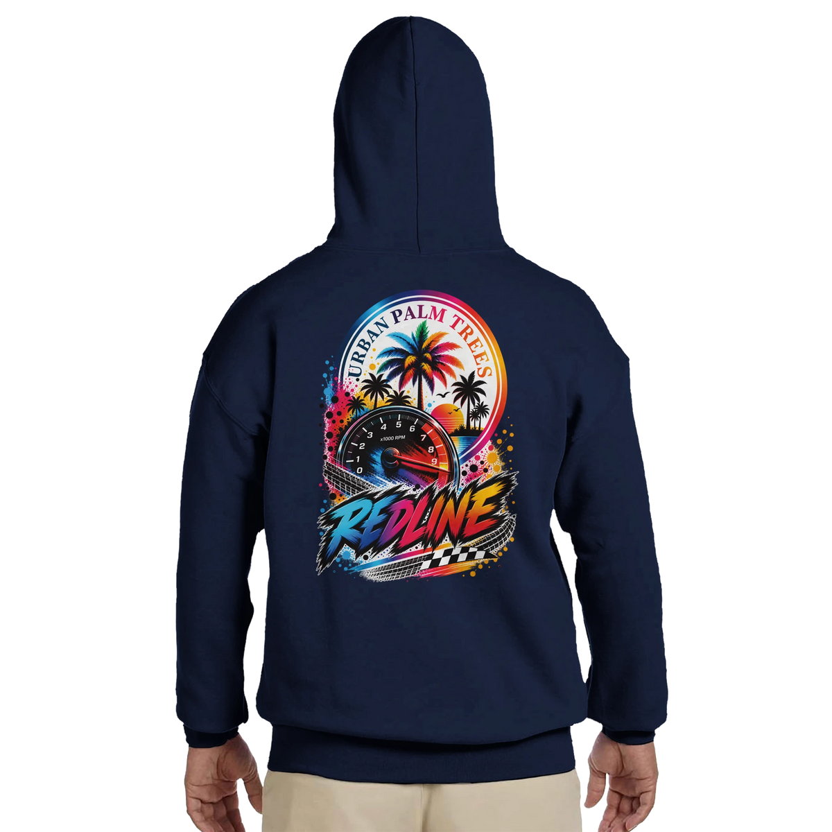 Navy hoodie back with colorful Redline graphic featuring palm trees, speedometer, and checkered flag for petrolhead and modified car culture.