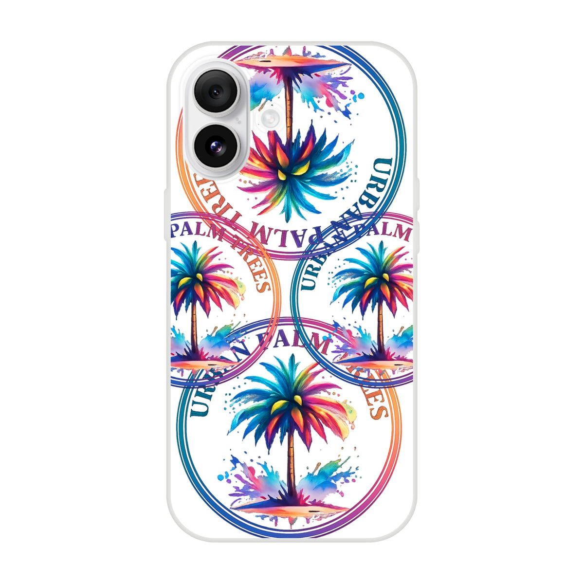 Urban Palm Trees iPhone Case (13-16) retro aesthetic phone cover with palm artwork, matte finish, and TPU protection.