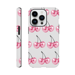 Glitter ball cherries design on a white iPhone case with dual-layer tough protection and wraparound print.