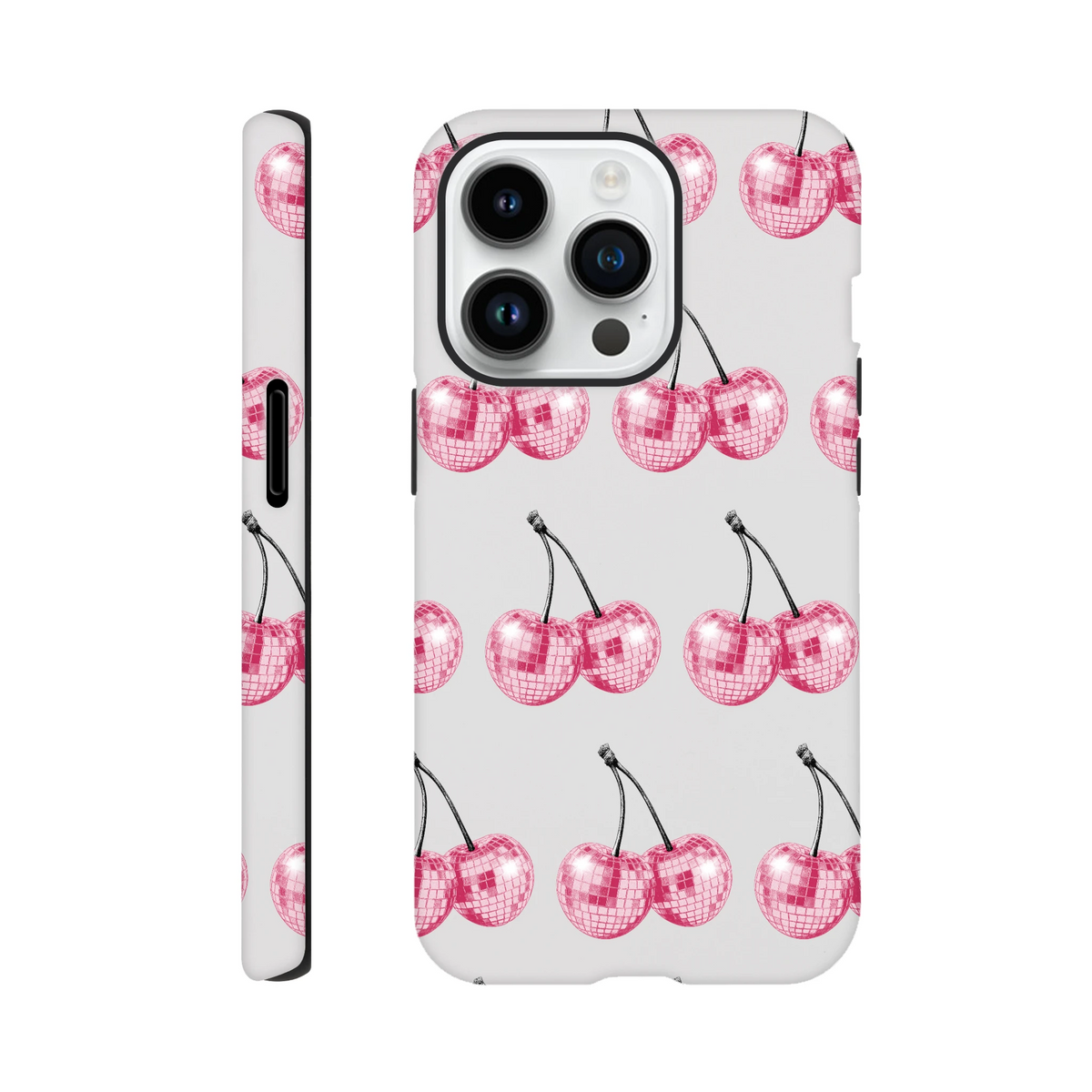 Glitter ball cherries design on a white iPhone case with dual-layer tough protection and wraparound print.