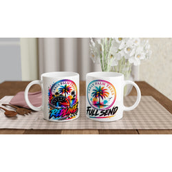 Redline Petrolhead mug with colorful speedometer and palm tree graphic, plus Full Send design. Car enthusiast coffee cup gift.