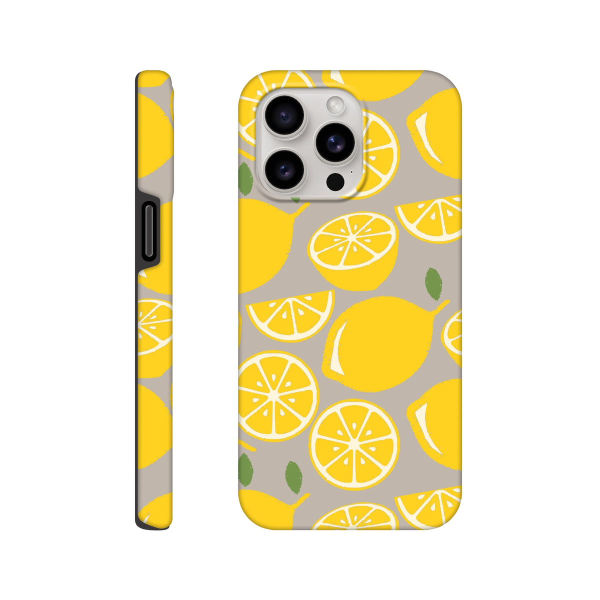 Cute yellow lemon tough iPhone case featuring a bold citrus pattern on a grey background with drop guard protection for city life.