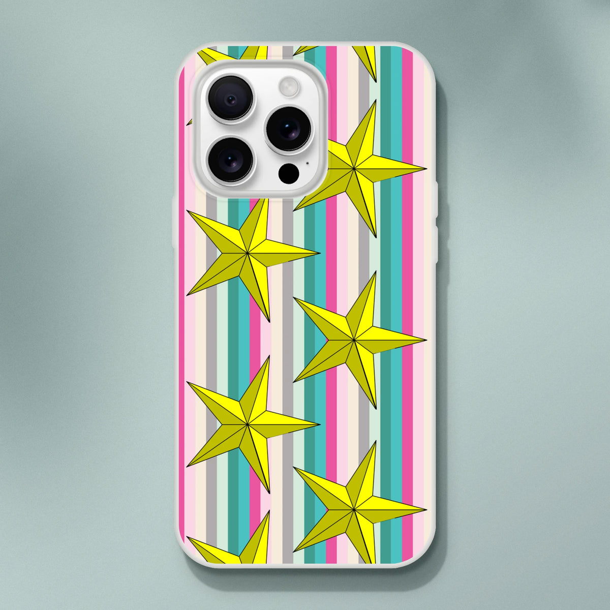 Pastel striped iPhone case with gold stars for iPhone 13-16; slim TPU, matte finish, cute aesthetic.