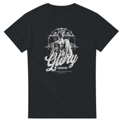 Gothic Glory men's graphic tee with grayscale statue, cross backdrop, and bold Glory script on a dark cotton shirt.