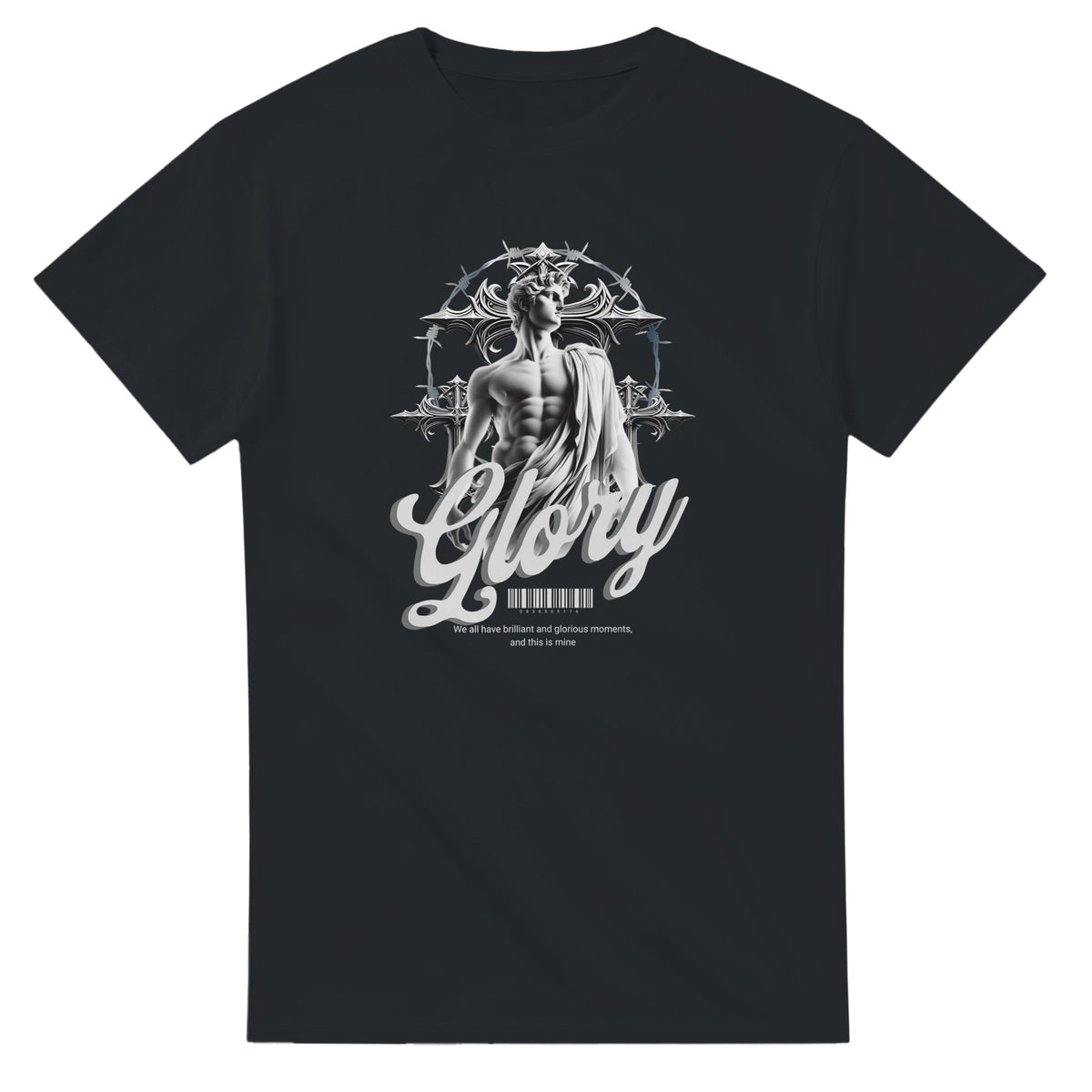 Gothic Glory men's graphic tee with grayscale statue, cross backdrop, and bold Glory script on a dark cotton shirt.