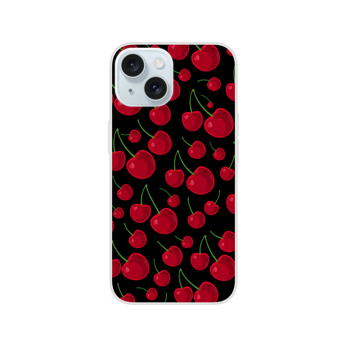Black iPhone case featuring a vibrant red cherry pattern with green stems, offering a slim retro fruit design with matte protection.