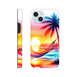 Tropical Sunset Tough iPhone case for 13-16, palm tree design, shock-absorbing cover with vibrant beach sunset.