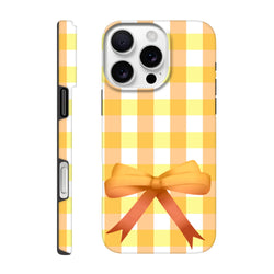 Yellow gingham iPhone case with a large orange bow and vintage grid pattern for street style.