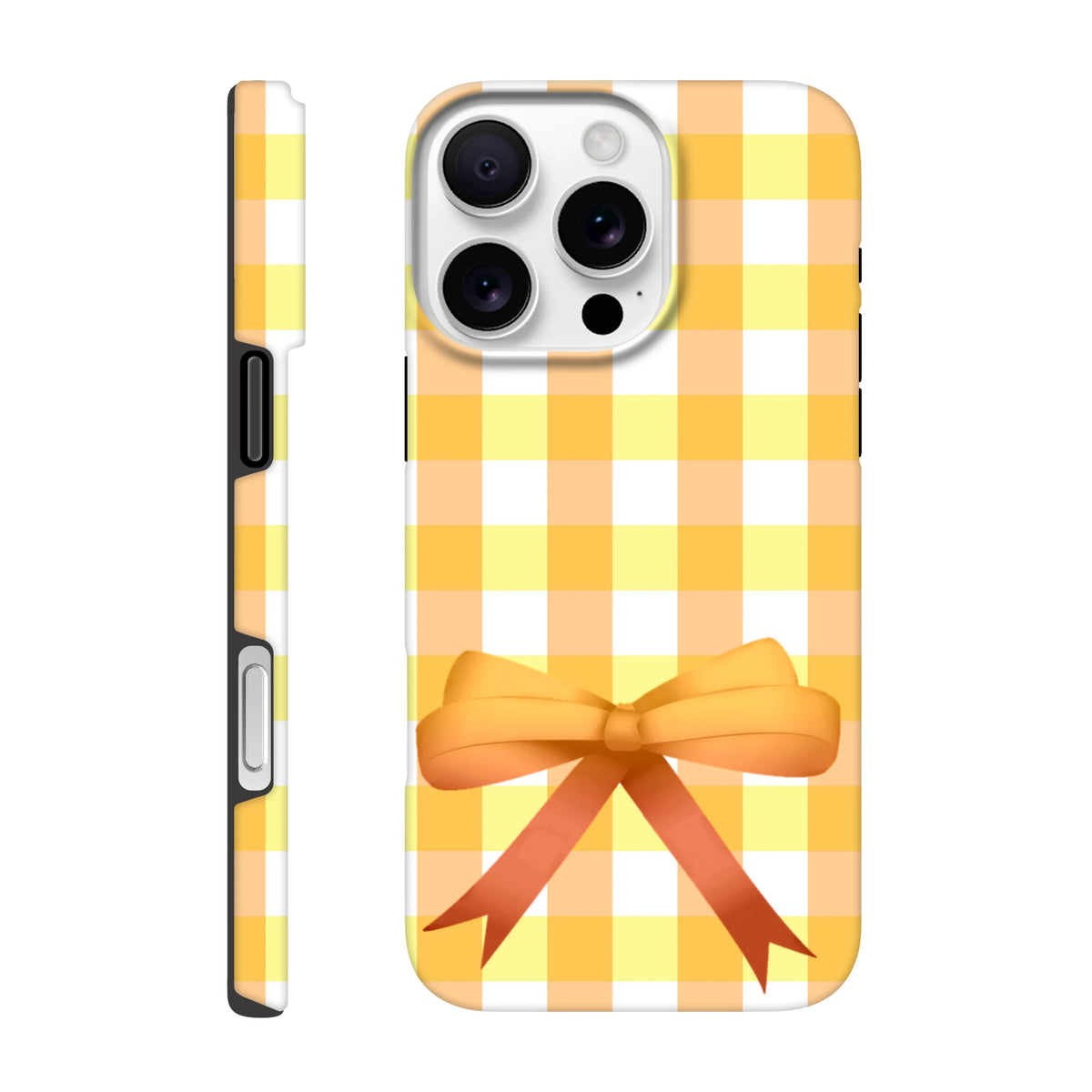 Yellow gingham iPhone case with a large orange bow and vintage grid pattern for street style.