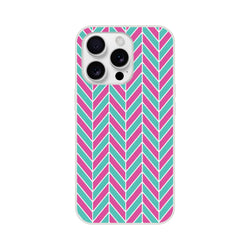 Pink and turquoise herringbone geometric iPhone case with matte finish, impact shielding, and wireless charging support for models 13-16.